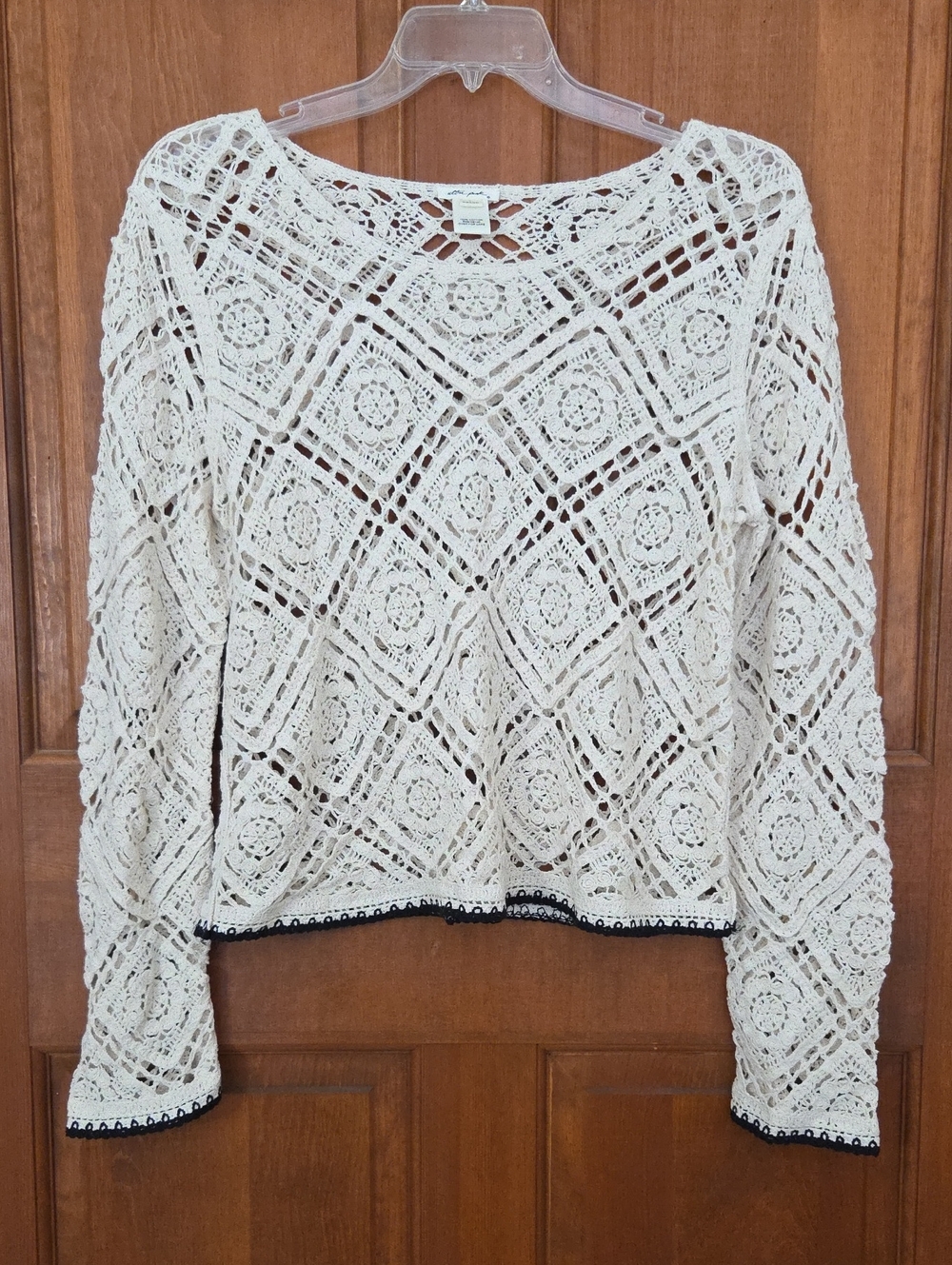 Ultra Pink Cream Crochet Openwork Long-Sleeve Top with Black Trim
